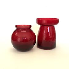 Anchor Hocking Ruby Red 4” Ivy Bowl 4 3/4” Ruby Red Bulb Vase Vintage Red Glass picture