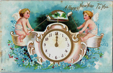 Vintage Victorian Postcard 1908 A Happy New Year to You - Cupids Bug Clock picture