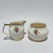 Vintage Sadler English Tea Cream & Sugar Set Ivory Gold Trim Rose Floral Design picture