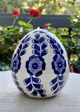 Oversized Blue White Ceramic Egg Hand Painted Distinctive Floral Heavy Decor 6in picture