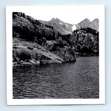 Old Vintage Square Photo MOUNTAIN LANDSCAPE LAKE TREES REFLECTION IN WATER picture