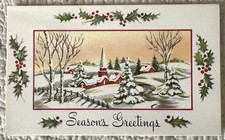 Unused Christmas Snow Covered Town Sunshine Sky Vtg Greeting Card 1950s 1960s picture
