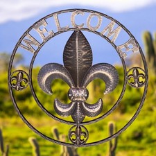 Fleur De Lis Welcome 24 Inch Plaque, Rustic Copper Metal picture