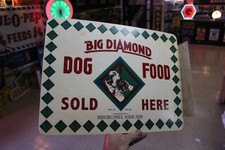 RARE 1950s BIG DIAMOND DOG FOOD PAINTED METAL 2-SIDED FLANGE SIGN PET STORE picture