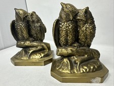 Vtg Cast Brass Owl Figurines In Love Sculpture Bookends Couple Heavy MCM 1950's picture