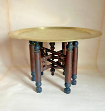 Vintage Moroccan Brass Tea Tray and Wooden Stand, MCM, Etched Egyptian Theme 13
