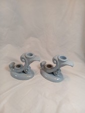Pair Vintage Art Pottery Abingdon Blue Candlestick Holders picture