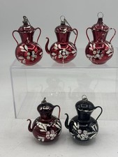 Lot Of 5 Antique German Coffee Teapot Mercury Glass Painted Christmas Ornaments picture