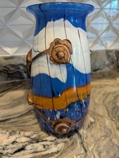 Misu Coman Artist Sign Romanian Art Glass Cobalt Blu Vase fused Brass accent 9+
