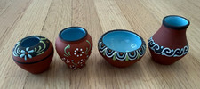 Set/4 Vtg MEXICAN FOLK ART Miniature Pottery Red Clay Terra Cotta Hand Painted picture