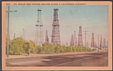 California Highway CA postcard - Oil Wells and Orange groves 1940s linen picture