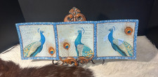 208 Park Glass 3 Compartment Candy/Trinket Dish Square Peacock Design 18.5x6 picture