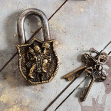 Rare Brass Lord Hanuman Embossed Door Lock Padlock Keys Antique Look  picture