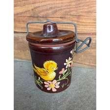 Vintage Hand Painted Stoneware Crock Jar Metal Bale Lid Folk Art Chick Signed MO picture