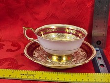 Paragon Cup And Saucer Double Warrant Maroon w/ Gold Filigree Floral Center Red picture