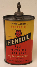 1940's Vtg. Fiendoil Rust Preventative Gun Oil Lead Top Oiler Can w/ Devil Logo picture