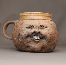 Signed Studio Pottery Folk Art Coffee Mug Ugly Face Jug Handmade Stoneware picture
