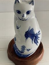 Vintage Porcelain Blue & White Cat Statue Hand Painted Ceramic Figurine 7” picture