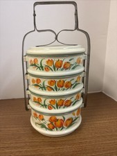 Vintage Shanghai Huafing Enamel Tiffin Carrier 4 Section Lunch Pail picture