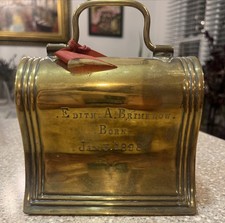 Antique Victorian Brass Coin Bank Satchel Purse Style Engraved 1898 Still Bank picture