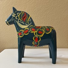 Vintage Swedish 7” Dala Horse Blue Erik Pell Äkta Dalahemslöjd Hand Painted picture