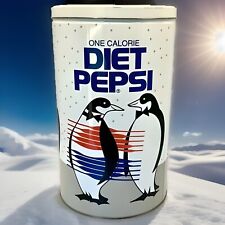 Vintage 1990’s  Large 13” Tall Diet Pepsi Penguins Metal Storage Can W/Lid picture