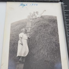 Millington Michigan Farm Woman On Ladder Huge Haystack Family 1936 VTG Photo picture