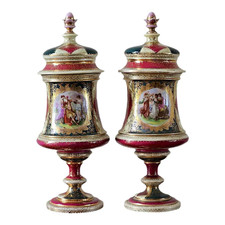Pair of Antique Austrian Porcelain Urns, Hand-Painted Figural Scenes, Heavy Gilt picture