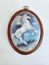 Vintage 80s Unicorn Blue Wall Picture Wood Art Decor Lacquered Round 3D Hanger  picture