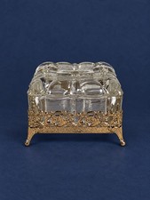 Vintage Clear Pressed Glass Trinket Jewelry Box Gold Tone Ornate Metal Footed  picture