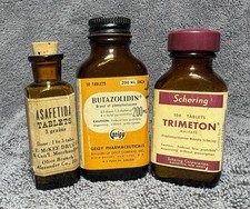 Empty Vintage Medicine Bottle Lot Geigy Butazolidin Schering Trimeton  Amber picture