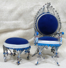 Vintage 2 Piece  TRAMP ART    Tin Pabst Beer Cans/Blue Velvet Chair Ottoman Folk picture