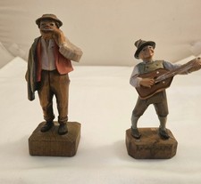 2 Vintage ANRI Italy Hand Carved Wood Guitar Player and Harmonica Player Figures picture