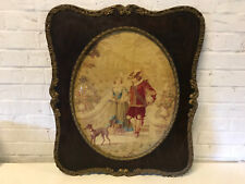 Antique Framed Tapestry of Cavalier Man Woman & Whippet Dog Walking picture