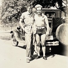 1930s Two Men Handsome Muscular Swim Trunks Affectionate Gay Interest Vtg Photo picture