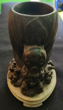 Vintage Chinese Soapstone Brush Pot or Planter- Squirrel and Grape Motif picture