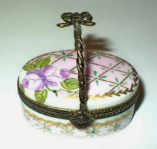 LIMOGES FRANCE BOX ~ FLOWER BASKET ~ LAVENDER & PINK ROSES ~ STARS & LAUREL picture