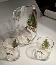 Spode England Christmas Tree, Glass Pitcher + 2 Gold Rimmed Drinking Glasses picture