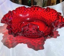 Fenton Art Glass Amberina Hobnail Ruffled Edge Glass Bowl. Edges Glow Under UV picture