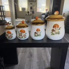 Vintage 1978 Sears Roebuck Merry Mushroom Ceramic Canisters ~ Set of 4 Japan picture