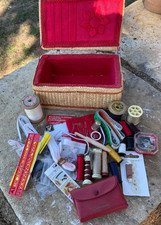 Vintage French Wicker Sewing Basket with Contents c1950s Small Mid Century picture