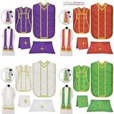 Set of 4 Red,White,Green,Violet Roman Chasuble Fiddleback Vestment & Mass set picture