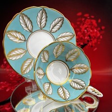 Royal Stafford MCM Turquoise Leaf Bone China Teacup & Saucer Gold England BX11 picture