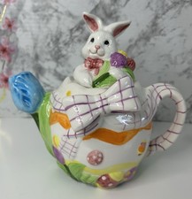 Easter Bunny Rabbit Teapot W/Lid Bows Tulips Eggs Has Cracks Priced To Sell picture