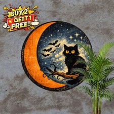 Spooky Full Moon Owl Metal Sign Vintage Rustic Autumn Round Tin Wall Plaque picture