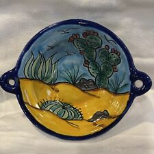 Vintage Mexican Talavera Folk Art Round Serving Bowl  Handles Hand Painted 8