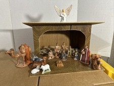 Vintage  15 pc Ceramic Hand Painted Nativity Scene with Wooden Manger Christmas picture