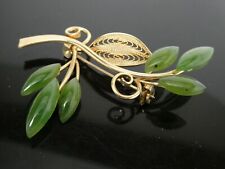 Vintage Jadeite Jade Marquise Shape Gemstone Leaf Floral Gold Plated Brooch  picture