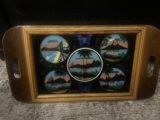 Vintage Rio de Janeiro butterfly wing tray, reverse hand paint, inlaid wood picture