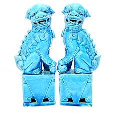 Blue Turquoise Glaze Foo Dogs Pedestal Porcelain Guardian Lion Chinoiserie 7.5in picture